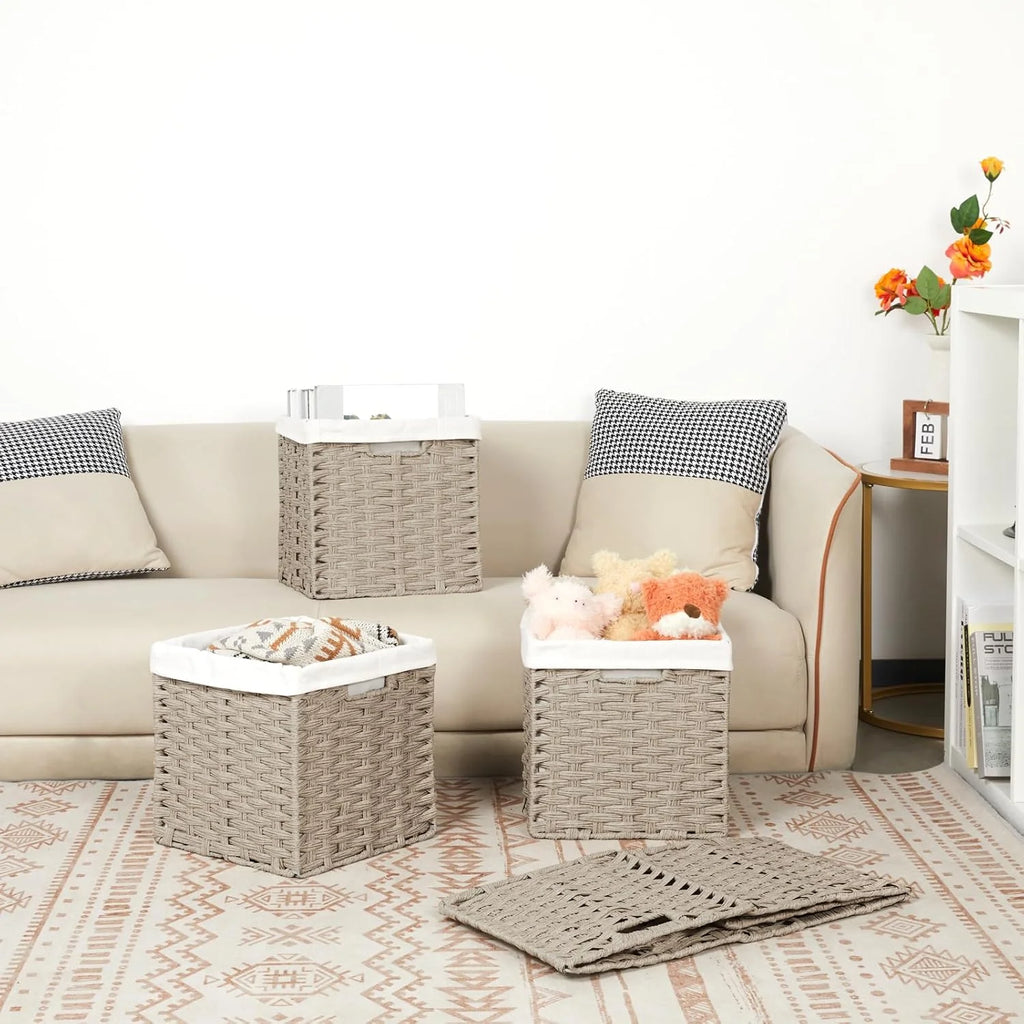 4-Pack Hand-Woven Imitation Wicker Cube Storage Bins with Liners Greyish Beige N202