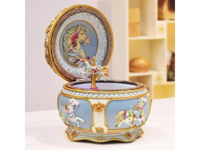 Classical Carousel Horse Music Box with LED Lights Resin Carved Mechanical Musical Box H4502