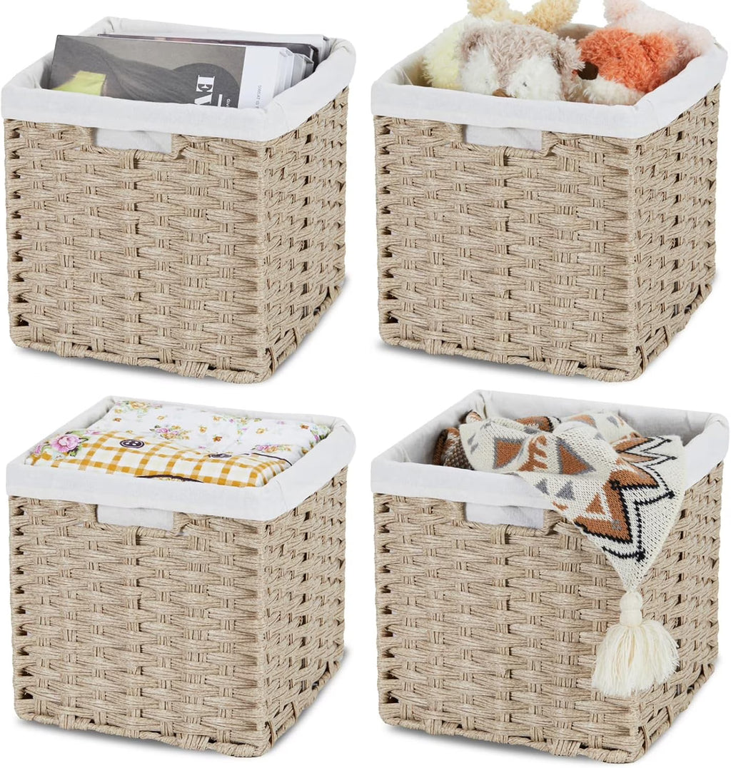 4-Pack Hand-Woven Imitation Wicker Cube Storage Bins with Liners Greyish Beige N202