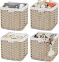 4-Pack Hand-Woven Imitation Wicker Cube Storage Bins with Liners Greyish Beige N202