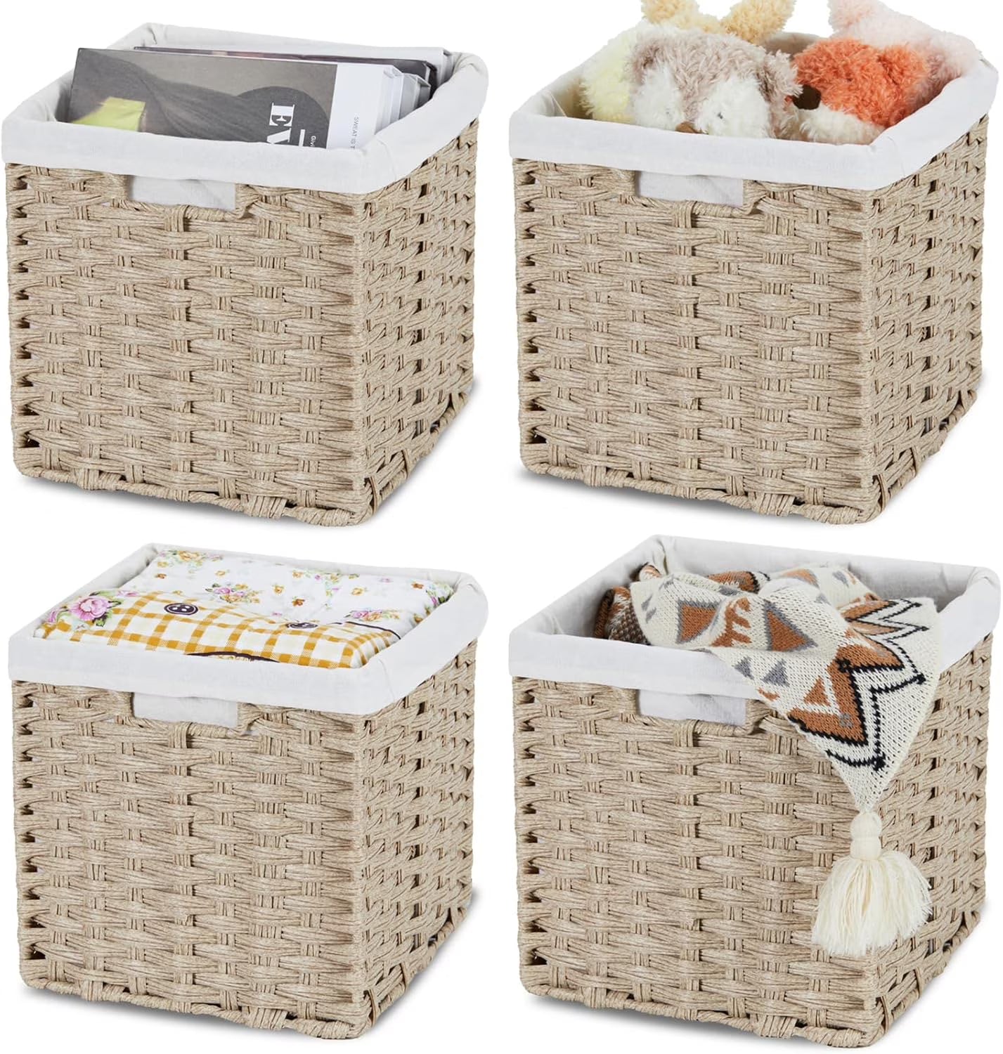 4-Pack Hand-Woven Imitation Wicker Cube Storage Bins with Liners Greyish Beige N202