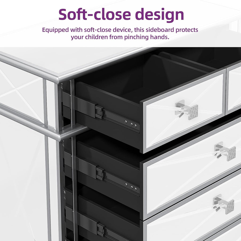 Silver Mirrored 5 Drawer Dresser with Wood Legs Z217