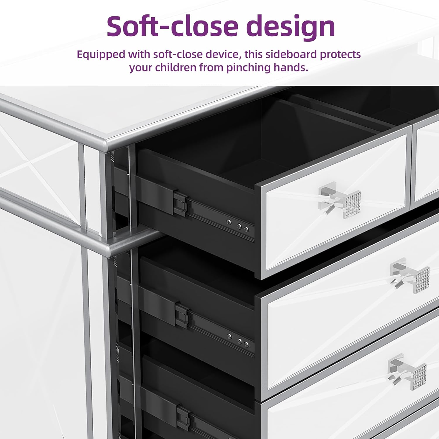 Silver Mirrored 5 Drawer Dresser with Wood Legs Z217