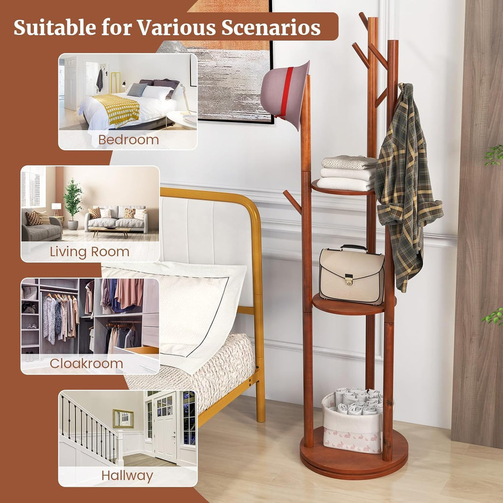 Walnut Wooden Freestanding Coat Rack with 3 Shelves and 9 Hooks L3636