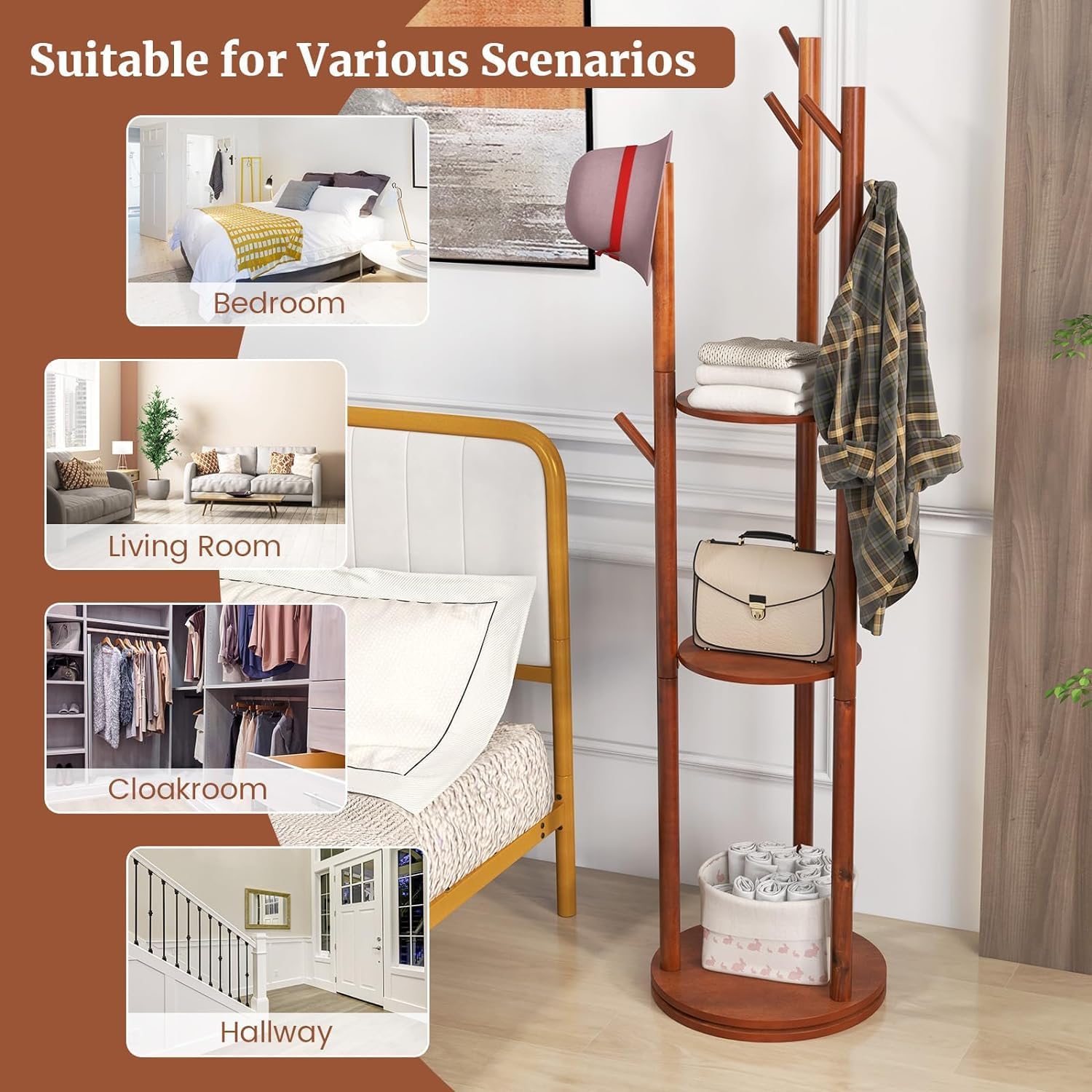 Walnut Wooden Freestanding Coat Rack with 3 Shelves and 9 Hooks L3636