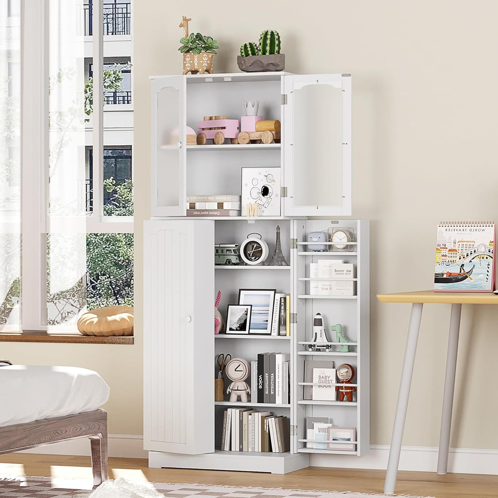 White Tall Kitchen Pantry Cabinet with Glass Doors G226