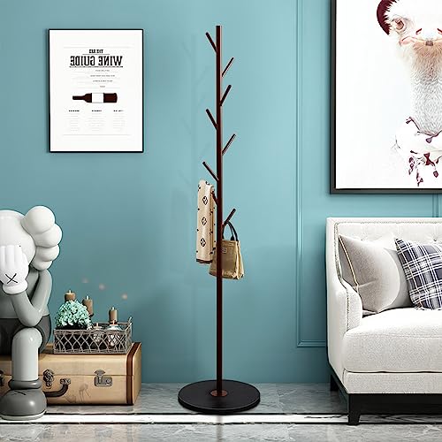 White Metal Coat Rack Stand with Marble Base and 8 Wooden Hooks W8781