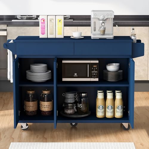 Large Kitchen Island with 2 Drop Leaf, Rolling Kitchen Cart on 5 Wheels with Power Outlet, Folding Storage Dining Table with Spice & Towel Rack, 3 Drawers Z238980