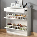 Slim Entryway Organizer with 2 Flip Drawers, Tempered Glass Top Shoe Storage Cabinet with Drawer, Free Standing Shoe Rack with LED Light (white) E6667