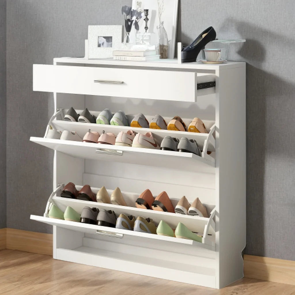 Slim Entryway Organizer with 2 Flip Drawers, Tempered Glass Top Shoe Storage Cabinet with Drawer, Free Standing Shoe Rack with LED Light (white) E6667