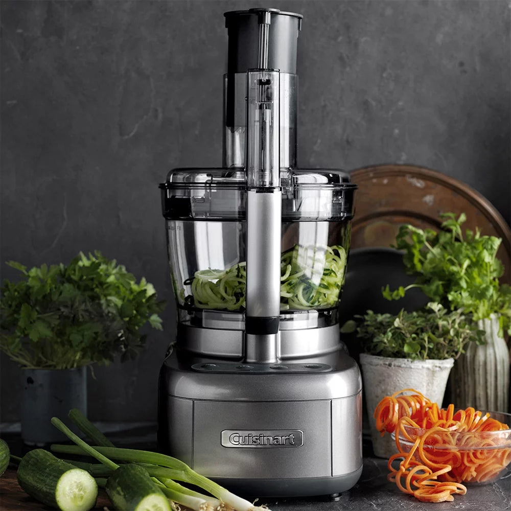 13-Cup Food Processor with Spiralizer and Dicer, Silver Bundle with 12 Piece Cutlery Set, Kitchen Timer and Red Oven Mitt K9483