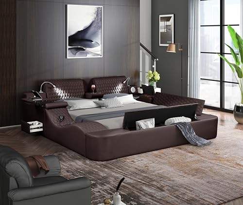 Queen Size Leather Bed Frame with Massage Recliner and Storage Space (Gray) Q98056