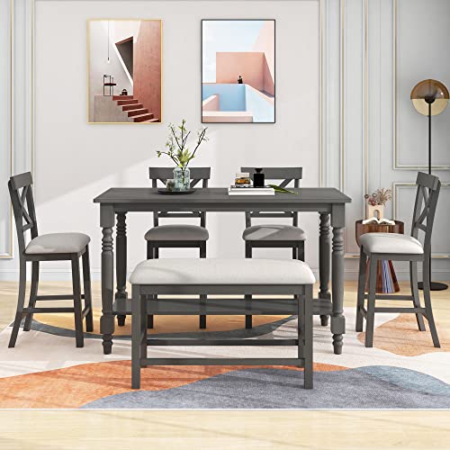 6-Piece Counter Height Table with Shelf 4 Chairs and Bench Gray L99259