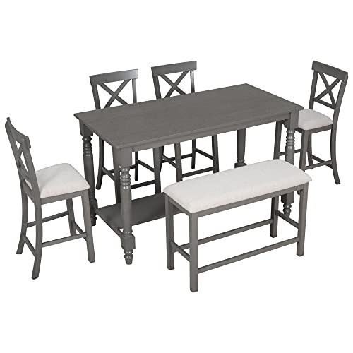 6-Piece Counter Height Table with Shelf 4 Chairs and Bench Gray L99259
