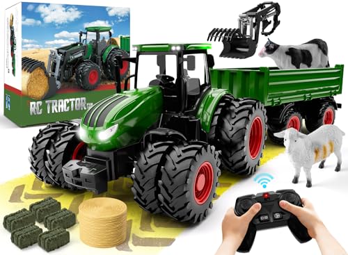 Remote Control Tractor Toy, Kids RC Tractor Set, Truck and Trailer Front Loader, Metal Car Head, 8 Wheel, Light P715