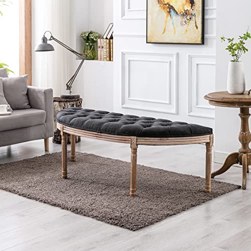 Beige Upholstered Half Moon Bench with Rubberwood Legs J4879