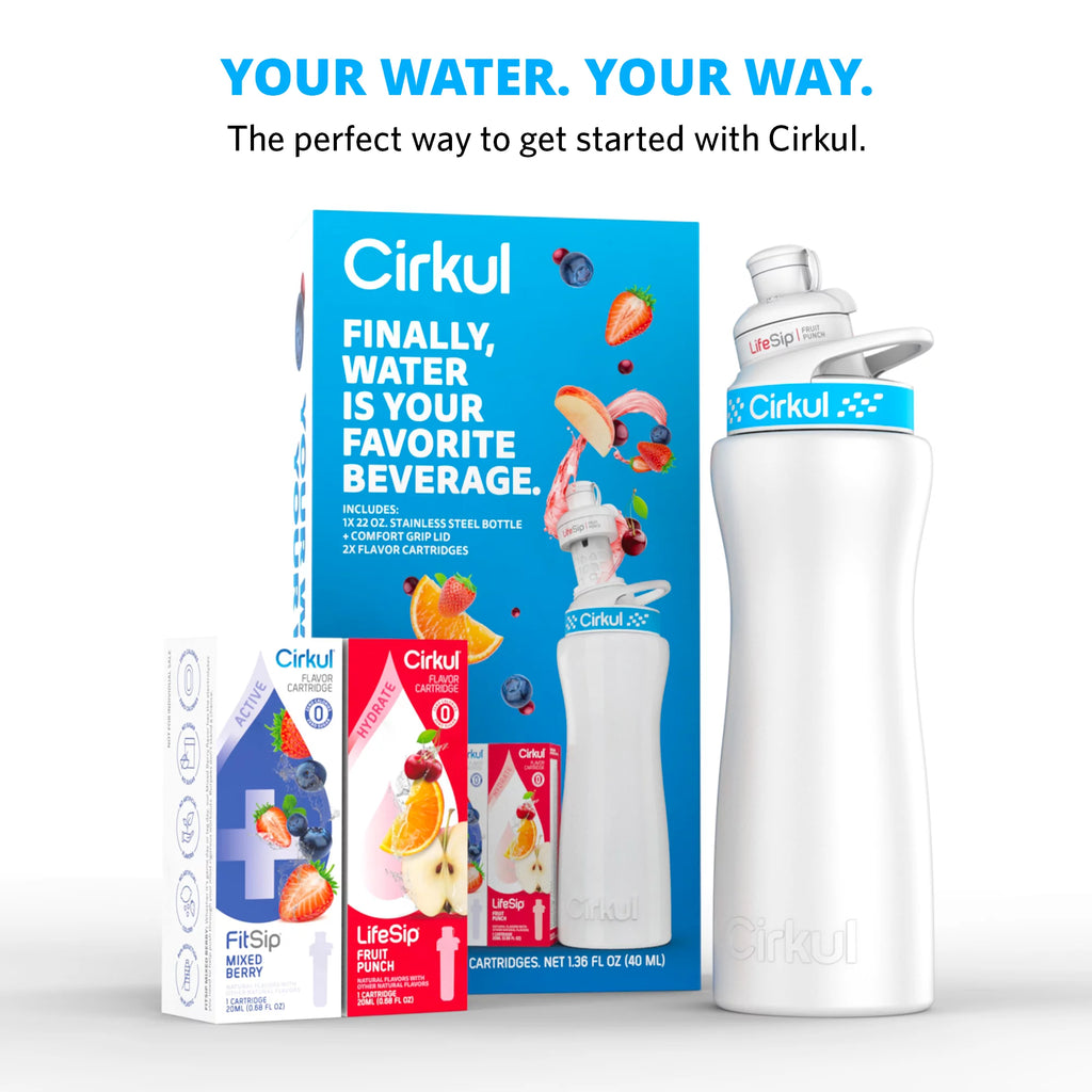 22oz White Stainless Steel Water Bottle Starter Kit with Blue Lid and 2 Flavor Cartridges W67559