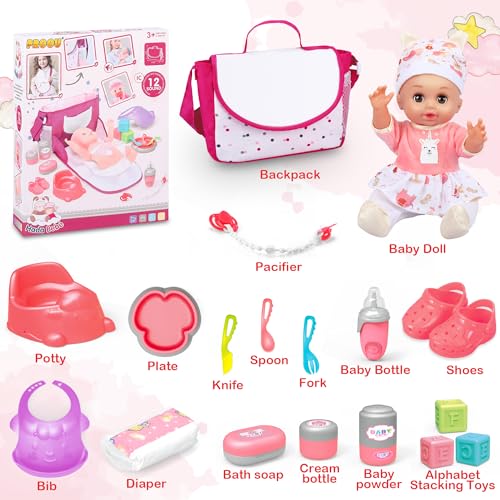 25Pcs Doll Care Toy Playset with Cradle Crib, High Chair, Milk Bottle, Pacifier, Diaper O15964