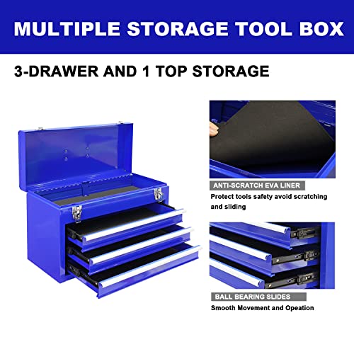 3 Drawer 20" Metal Tool Box Portable Steel Tool Chest Blue D8463
