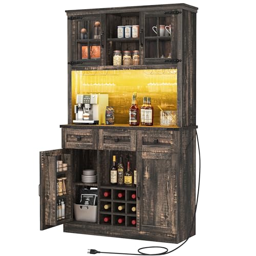 72" Dark Rustic Oak Coffee Bar Cabinet with Storage Shelves and 3 Drawers C98368