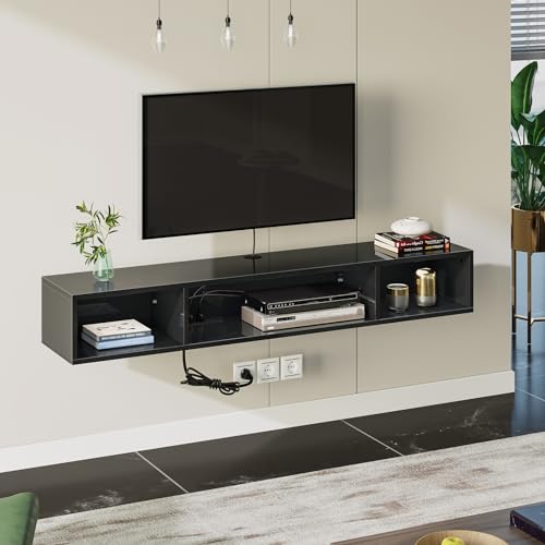 Glossy Black Wall Mounted TV Stand with Power Outlet and RGB Lights H49622