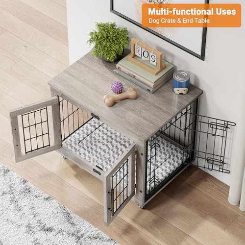 Grey Wooden Dog Crate 32'' with Cushion & Wheels Double Doors Q8314