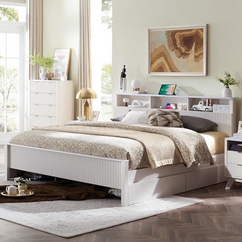 Dark Grey King Bed Frame with Bookcase Headboard and 4 Drawers B739
