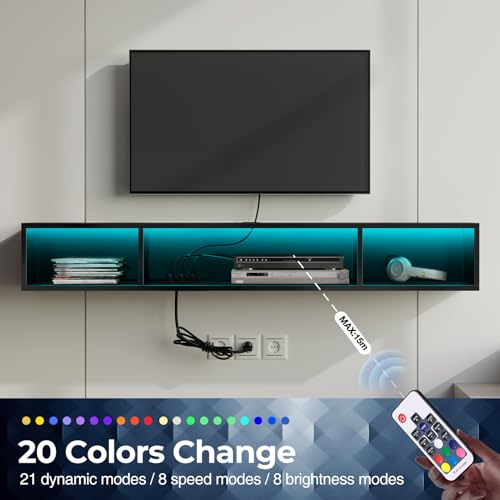 Glossy Black Wall Mounted TV Stand with Power Outlet and RGB Lights H49622