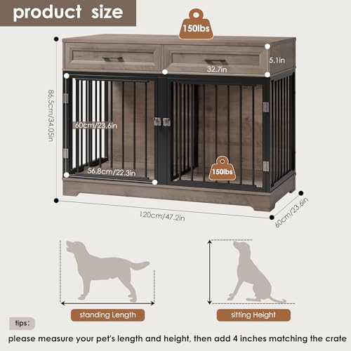White Wooden Dog Crate with Removable Divider and 2 Storage Drawers H839564