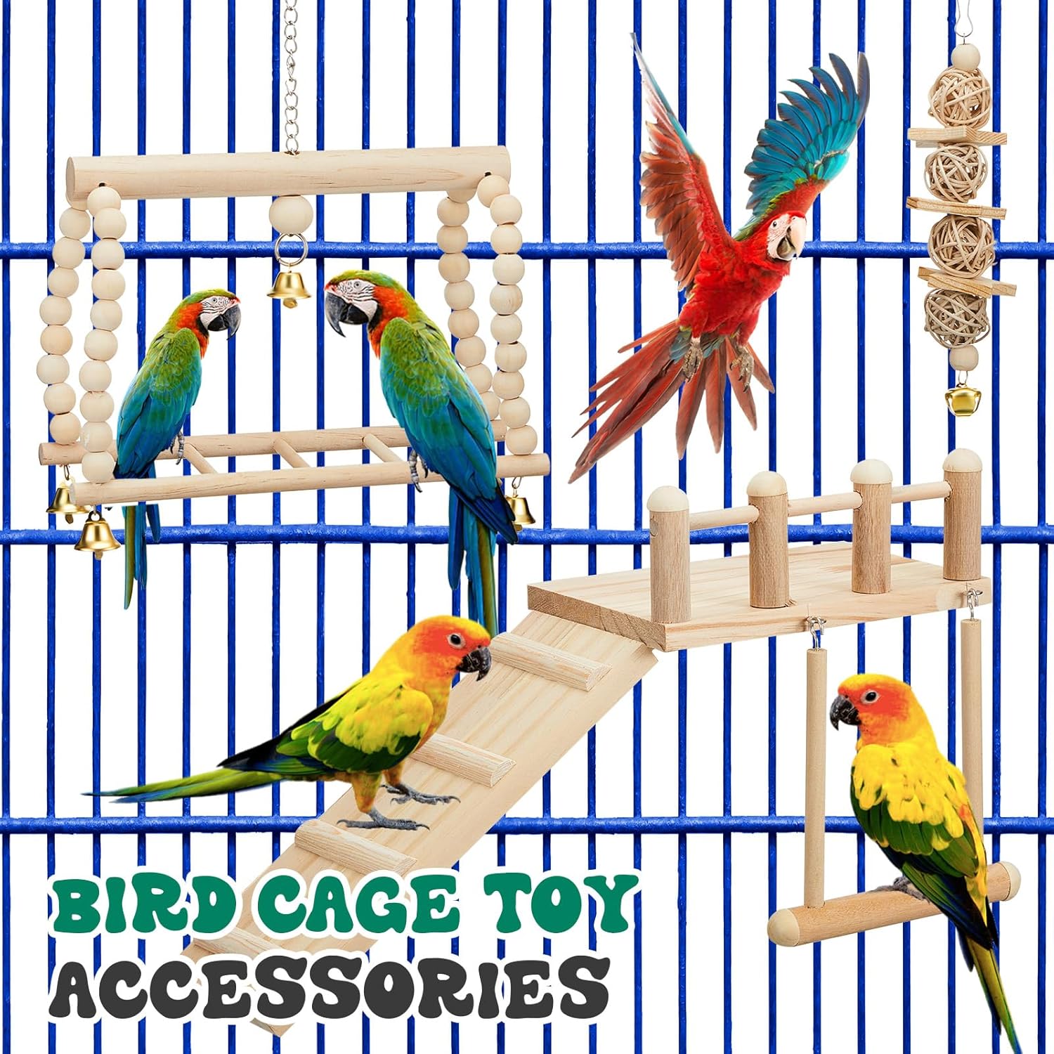 10 Pcs Parrot Swing Toys and Bird Perches Platform with Climbing Ladder Chewing Standing Hanging Parakeet Toys Bird Cage Accessories D107