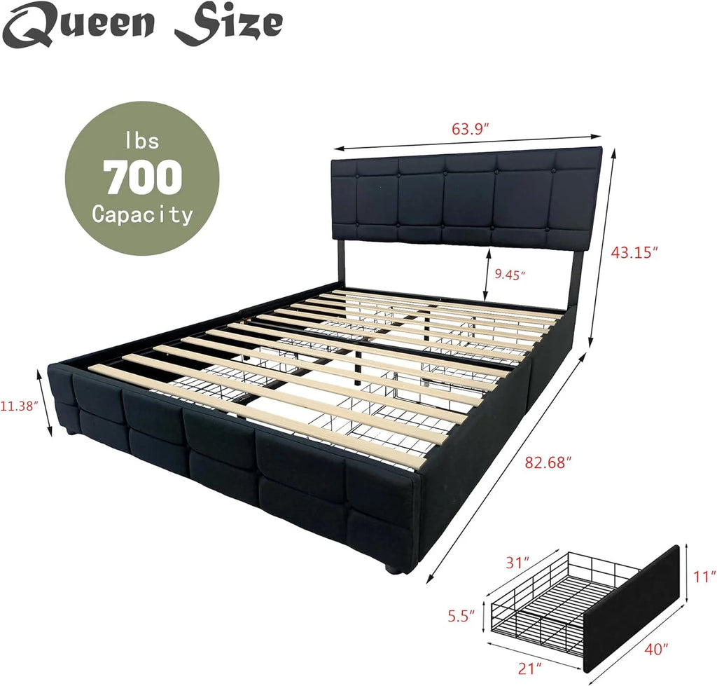 Black Linen Queen Size Platform Bed Frame with 4 Storage Drawers F9730