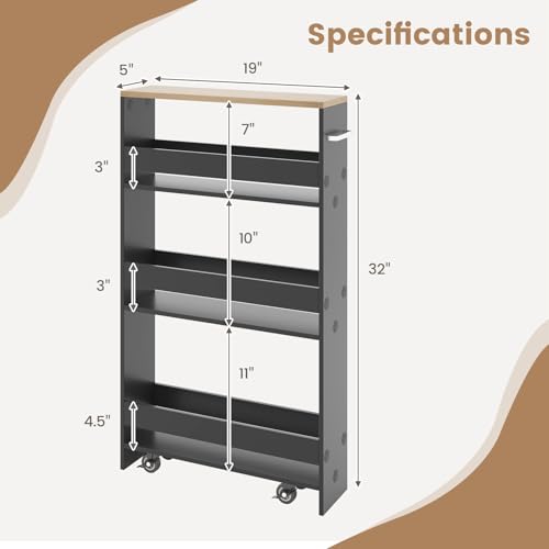 4-Tier Rolling Storage Cart with Handle & Wooden Top (White & Natural) T6548