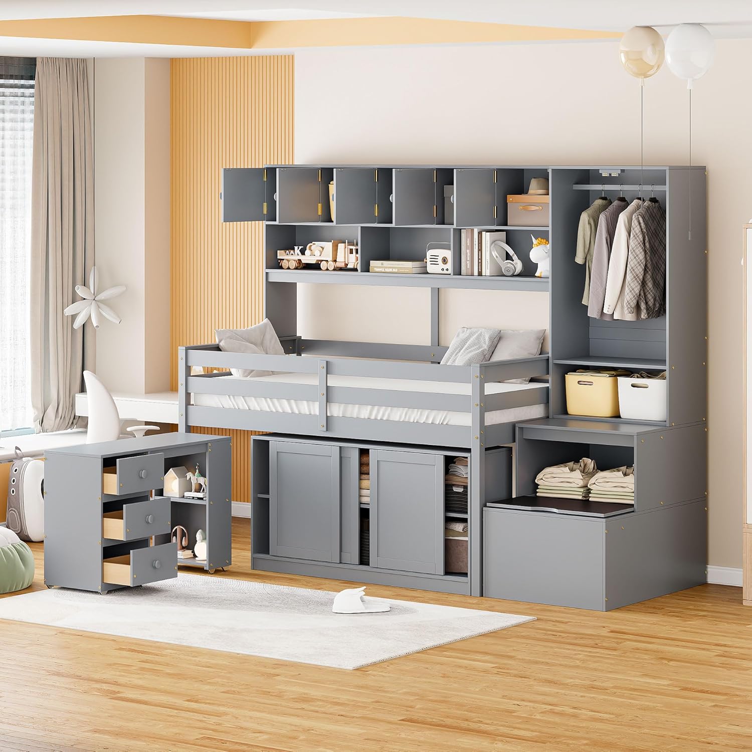 Gray Twin Size Loft Bed with Removable Desk Storage Stairs Wardrobe Eight Top Shelves Two Sliding Door Cabinets W385