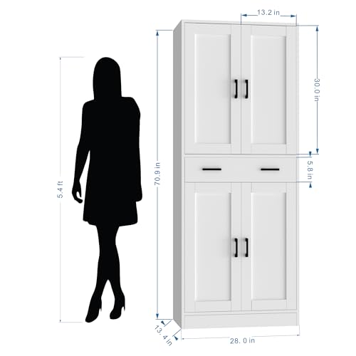 White 71" Tall Kitchen Storage Cabinet with doors and drawer Z540