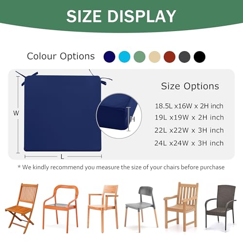 Black Waterproof Fade Resistant Seat Cushion Set of 4, 18.5 x 16 x 2 Inch Chair Pads with Ties and Hidden Zipper Y721
