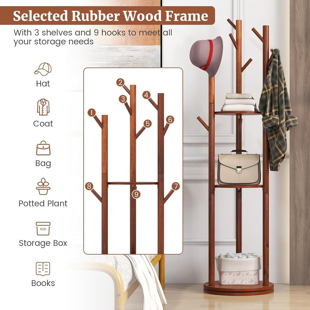 Walnut Wooden Freestanding Coat Rack with 3 Shelves and 9 Hooks L3636