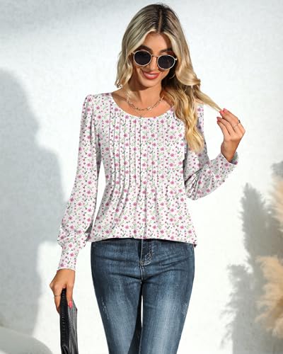 Puff Long Sleeve Tunic Tops Pleated Crew Neck Blouses Y56045