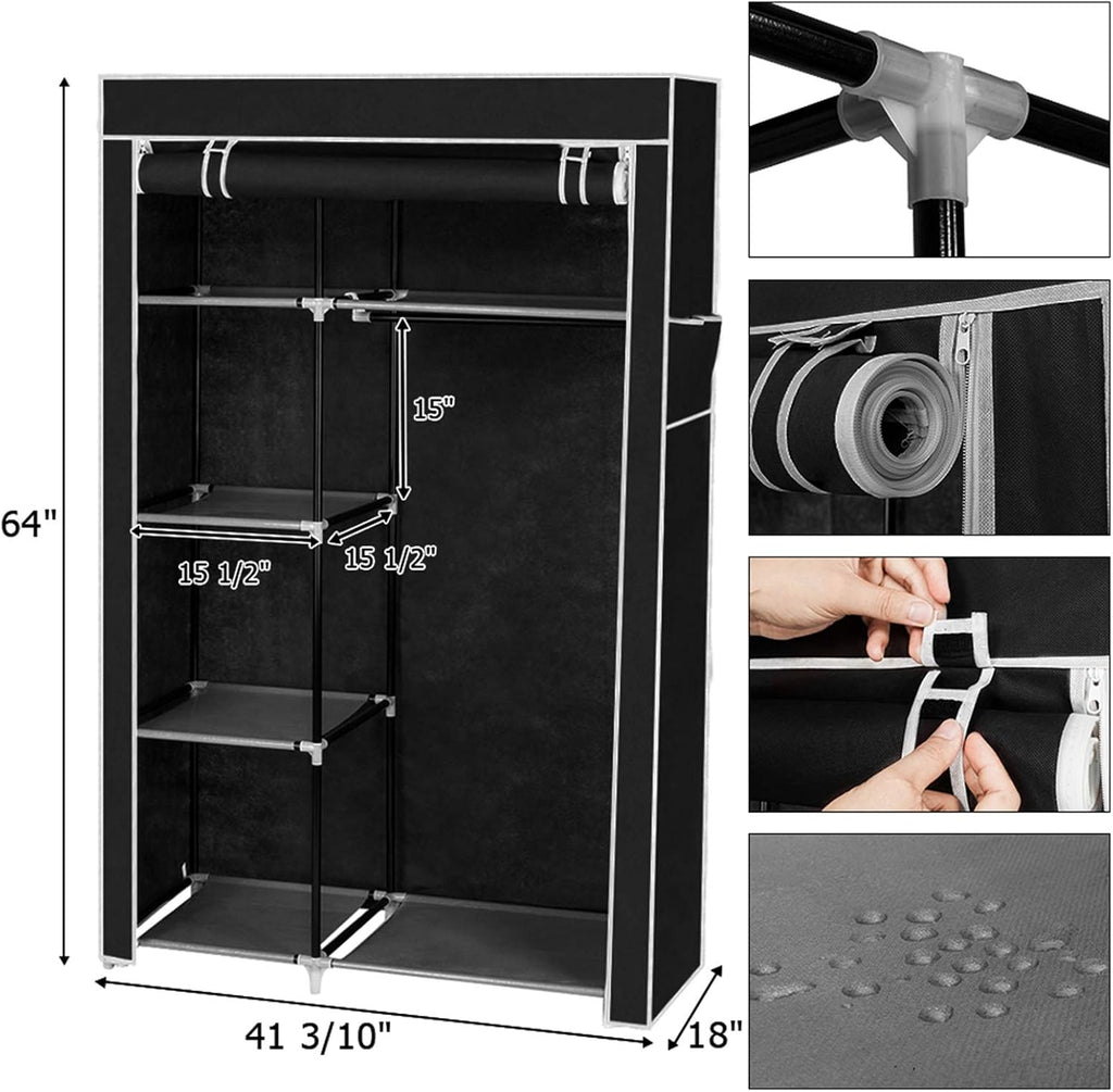 Black Non-Woven Fabric Portable Closet Wardrobe with Shelves and Cover N455394